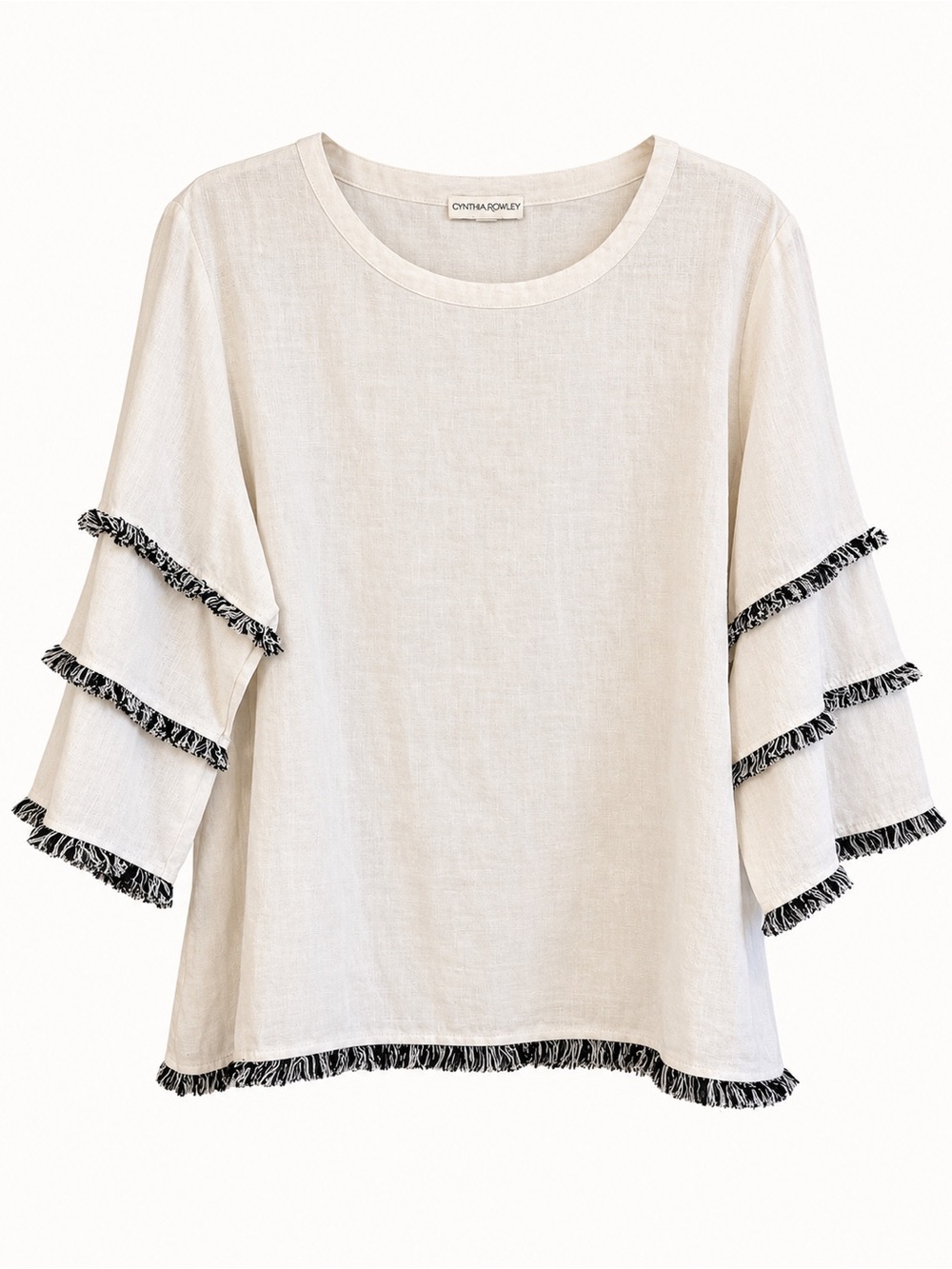 Cynthia Rowley 1X Linen Blend Tiered Fringe Sleeve Tunic Top White